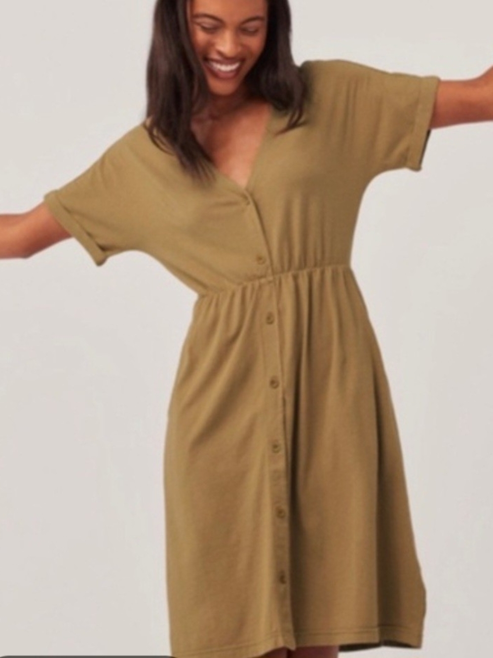 Pact Olive Button-Front Midi Dress
